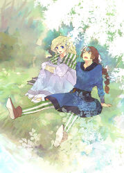 1boy 1girl blonde_hair blue_eyes blue_robe blush braid braided_ponytail brown_footwear brown_hair couple dress final_fantasy final_fantasy_iv final_fantasy_iv:_the_after_years frilled_dress frills grass green_leggings green_scarf hair_ornament hugging_own_legs leaf leggings leonora long_hair looking_at_another nature open_mouth palom riverbank robe satoo scarf sitting smile stream striped_clothes striped_scarf talking tree two-tone_leggings two-tone_scarf vertical-striped_clothes vertical-striped_leggings vertical-striped_scarf white_dress white_footwear yellow_leggings yellow_scarf