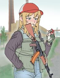 1girl akm assault_rifle baseball_cap blonde_hair blue_eyes cigarette cigarette_pack denim escape_from_tarkov factory fingerless_gloves freckles fukufaku gloves gun hand_in_pocket hat holding holding_cigarette_pack jeans kalashnikov_rifle long_hair military original pants red_hat rifle smoking solo sweater utility_vest vest weapon white_hat
