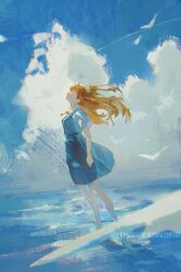Rule 34 | 1girl, artist name, blue skirt, blue sky, closed eyes, closed mouth, cloud, commentary, cumulonimbus cloud, day, english commentary, floating hair, highres, long hair, neon genesis evangelion, ocean, orange hair, outdoors, sberrymacchiato, school uniform, shirt, short sleeves, simple bird, skirt, sky, solo, souryuu asuka langley, standing, tokyo-3 middle school uniform, wading, water, white shirt