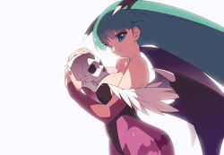 Rule 34 | 1girl, animal print, bare shoulders, bat print, black leotard, breasts, bridal gauntlets, cleavage, cowboy shot, darkstalkers, demon girl, demon wings, from side, green eyes, green hair, head wings, highleg, highleg leotard, holding, holding skull, kaidou zx, large breasts, leotard, looking at viewer, morrigan aensland, multiple wings, pantyhose under leotard, print leotard, purple leotard, simple background, skull, smile, solo, white background, wings