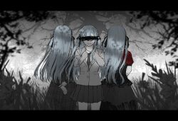 Rule 34 | 3girls, bang dream!, bang dream! it&#039;s mygo!!!!!, black corset, black skirt, blue hair, braid, censored, censored identity, commentary request, corset, hair ribbon, hands on own neck, haneoka school uniform, jacket, letterboxed, long hair, long sleeves, multiple girls, multiple persona, muted color, necktie, oblivionis (bang dream!), plaid clothes, plaid skirt, pleated skirt, puffy short sleeves, puffy sleeves, qm dvn, red shirt, ribbon, school uniform, shirt, short sleeves, sidelocks, skirt, togawa sakiko, tsukinomori school uniform, two side up