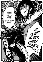 1boy 1girl artist_name black_hair black_shirt blupixl border chainsaw chainsaw_man comic cross_scar denji_(chainsaw_man) english_text facial_scar greyscale highres hybrid long_hair looking_at_another monochrome open_mouth ringed_eyes scar scar_on_cheek scar_on_face school_uniform sharp_teeth shirt simple_background sound_effects speech_bubble teeth white_background white_border yoru_(chainsaw_man)