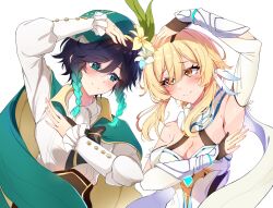 1boy 1girl armpits bare_shoulders beret black_hair blonde_hair blue_hair blush braid breasts cape dress flower genshin_impact gloves gradient_hair green_eyes hair_between_eyes hair_flower hair_ornament hat heart highres long_sleeves lumine_(genshin_impact) midori_(midori13579) multicolored_hair shirt short_hair short_hair_with_long_locks sidelocks smile twin_braids venti_(genshin_impact) white_dress white_flower white_shirt yellow_eyes