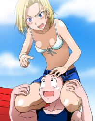 1boy 1girl android_18 bald bald_male black_eyes blonde_hair blue_eyes blush breasts cleavage cloud cloudy_sky couple dragon_ball embarrassed happy husband_and_wife kuririn lifting_person muscular muscular_male sky smile surprised swimsuit thick_thighs thighs