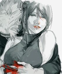 1boy 1girl blood death highres holding holding_polearm holding_weapon hug konan_(naruto) monochrome naruto_(series) naruto_shippuuden pain_(naruto) polearm short_hair simple_background sleeveless spiked_hair stab upper_body weapon white_background zifletts