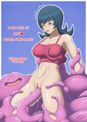 1girl belly blue_background blue_hair breasts censored ditto english_text gen_1_pokemon happy_sex highres large_breasts legs_apart navel nintendo pokemon red_eyes restrained sabrina_(pokemon) simple_background slime_(creature) smile stomach_bulge sweat tank_top tentacle_sex tentacles tentacles_under_clothes the_tentacle_professor