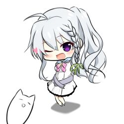 1girl 9-nine- ;d ahoge arms_behind_back belt blush bow bowtie braid chibi chibi_only commentary dress eyes_visible_through_hair frilled_dress frills full_body green_ribbon grey_belt grey_hair hair_between_eyes hair_ribbon happy heart highres long_hair looking_at_viewer niimi_sora one_eye_closed open_mouth pink_bow pink_bowtie purple_eyes ribbon ryu9voice school_uniform side_ponytail sidelocks simple_background single_braid smile solo standing symbol-only_commentary white_background white_dress