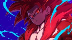 Rule 34 | 1boy, absurdres, blue background, body fur, dragon ball, dragon ball daima, eye trail, glowing, glowing eyes, highres, horang4628, light trail, long hair, red eyes, red fur, simple background, solo, son goku, spiked hair, super saiyan, super saiyan 4, upper body
