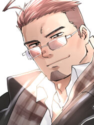 Rule 34 | 1boy, adam&#039;s apple, ahoge, bara, character request, collared shirt, facial hair, formal clothes, glasses, goatee, live a hero, looking at viewer, male focus, mature male, portrait, sat0 syohei, shirt, short hair, smile, solo, suit, tsurime, undercut