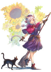 1girl absurdres animal animal_ears ankle_boots ankle_socks arm_at_side belt black_boots black_cat boots bow braid broom brown_belt brown_gloves capelet cat commission dress floral_background flower footwear_bow full_body gloves hair_ribbon hat highres holding holding_broom long_hair looking_at_viewer low_twin_braids neck_ribbon open_mouth original outstretched_arm pink_capelet purple_dress purple_eyes purple_hat red_bow red_ribbon ribbon short_dress short_sleeves shukei skeb_commission socks solo sunflower tail twin_braids vial white_background white_hair white_socks yellow_flower