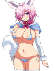 1girl afuro animal_ears arm_warmers bikini blush breasts capelet cleavage cosplay fate/grand_order fate_(series) female_focus fou_(fate) fou_(fate)_(cosplay) large_breasts mash_kyrielight navel official_alternate_costume pink_hair purple_eyes short_hair side-tie_bikini_bottom smile solo swimsuit tail thighhighs white_background