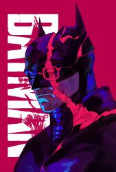 Rule 34 | 1boy, armor, batman, batman (series), blue eyes, cape, character name, closed mouth, dc comics, english text, expressionless, from side, hieumay, highres, limited palette, lips, looking to the side, male focus, mask, pink background, shattered, solo, superhero costume, the batman (2022), upper body
