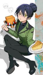 1boy 2girls ankle_boots black_boots black_hair black_pantyhose black_shirt boots chibi chibi_inset commentary conch_(gundam) double-parted_bangs food fork green_eyes green_jacket gundam gundam_gquuuuuux hair_between_eyes hair_bun high_heel_boots high_heels highres holding holding_fork holding_plate jacket kawachi_rin kycilia_zabi legs long_sleeves looking_at_viewer military_jacket multiple_girls non-humanoid_robot nyaan_(gundam_gquuuuuux) pantyhose parted_lips pie pie_slice plate robot shadow shirt shoe_soles single_hair_bun sitting solo_focus triangle_mouth turtleneck turtleneck_shirt xavier_olivette yokozuwari
