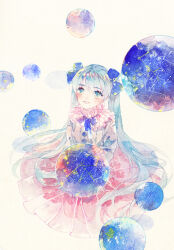 1girl aqua_eyes aqua_hair blue_bow blue_eyes blue_hair bow constellation dress globe hair_bow hatsune_miku long_hair looking_at_viewer painting_(medium) planet rei_(456789io) ribbon skirt smile solo traditional_media twintails very_long_hair vocaloid watercolor_(medium)