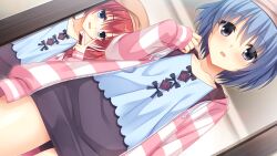 1boy 1girl beret black_bow black_skirt blue_eyes blue_hair blue_shirt blush bow brown_hat collarbone commentary_request commission cosplay cowboy_shot dutch_angle eyes_visible_through_hair grey_eyes hair_between_eyes hand_up hat hood hood_down hooded_jacket indoors irori_(irorixc) jacket long_hair looking_at_viewer male_focus mibu_chisaki mibu_chisaki_(cosplay) multicolored_jacket open_clothes open_jacket open_mouth paid_reward_available pencil_skirt pink_jacket red_hair riddle_joker shirt shirt_bow short_hair skeb_commission skirt sleeves_past_wrists smile solo_focus striped_clothes striped_jacket suou_kyouhei trap twintails two-tone_jacket v