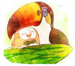 animal_focus bird bird_nest blurry bokeh bow bowtie closed_eyes commentary_request creatures_(company) cuddling depth_of_field game_freak gen_7_pokemon green_bow green_bowtie in_nest light_blush nest nintendo no_humans okii owl pokemon pokemon_(creature) rowlet saturated toucan vignetting watercolor_effect white_background