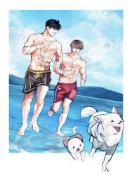 2boys abs animal black_hair black_male_swimwear blue_sky brown_hair cloud day dog gggangbuk highres horizon lee_jin-sung lookism male_focus male_swimwear multiple_boys muscular muscular_male navel ocean open_mouth outdoors pectorals red_male_swimwear running seong_yo-han short_hair sky smile swimsuit topless_male water white_dog