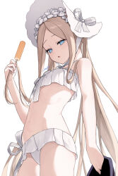 Rule 34 | 1girl, abigail williams (fate), abigail williams (swimsuit foreigner) (fate), abigail williams (swimsuit foreigner) (third ascension) (fate), bare shoulders, bikini, blue eyes, blush, bonnet, breasts, fate/grand order, fate (series), food, forehead, highres, long hair, looking at viewer, navel, open mouth, parted bangs, popsicle, small breasts, solo, sumi (gfgf 045), swimsuit, white bikini