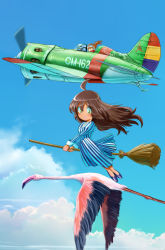 2girls aircraft airplane bird broom broom_riding brown_hair cameo cloud day dress flamingo flying goggles goggles_on_head green_eyes happy inui_(jt1116) long_hair multiple_girls open_mouth pilot polikarpov_i-16 sidesaddle sky smile spain spanish_civil_war spanish_republican_flag spanish_text tintin translated vehicle_focus