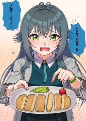 1girl :o antennae coat commentary_request crying crying_with_eyes_open fingernails gakuen_idolmaster green_eyes green_hair green_shirt grey_coat hair_flaps highres holding holding_tray idolmaster kamille_(vcx68) pointing shirt solo speech_bubble tears translated tray tsukimura_temari wooden_floor