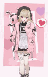 1girl :d absurdres apron between_fingers black_dress brown_hair collared_dress commentary_request cuffs dress feet_out_of_frame frilled_apron frills hand_up handcuffs heart highres holding hui_yu_yu_yu_ye jacket long_sleeves makaino_ririmu makaino_ririmu_(5th_costume) multicolored_hair nijisanji open_clothes open_jacket open_mouth pink_background pink_hair pink_jacket pixelated pleated_dress puffy_long_sleeves puffy_sleeves red_eyes sleeves_past_wrists smile solo spoken_heart standing streaked_hair stuffed_animal stuffed_rabbit stuffed_toy virtual_youtuber white_apron