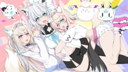 3girls 4others ahoge animal_ear_fluff animal_ears aqua_belt aqua_eyes aqua_hair aqua_nails aqua_neckerchief arms_around_waist asymmetrical_legwear belt black_shorts black_thighhighs blonde_hair blush boots breasts collarbone dog_ears dog_girl dog_tail fox_ears fox_girl fox_tail fuwawa_abyssgard green_eyes hair_intakes hair_ornament hairclip highres hiro_(phese) hololive hololive_english horn_hairband hug large_breasts long_hair long_sleeves medium_breasts mococo_abyssgard multiple_girls multiple_others navel neckerchief open_mouth perroccino_(fuwamoco) pink_belt pink_eyes pink_hair pink_nails shirakami_fubuki shirt short_hair short_shorts shorts smile stomach sukonbu_(shirakami_fubuki) tail thigh_strap thighhighs virtual_youtuber white_boots white_hair white_shirt white_shorts x_hair_ornament