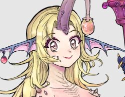 1girl bad_tag blonde_hair brown_eyes closed_mouth fins food fruit grey_background head_fins highres holding horns long_hair looking_at_viewer original portrait simple_background single_horn smile solo tiyuanpoli