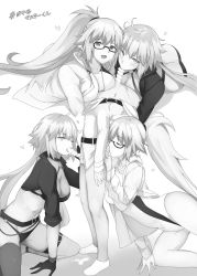 1boy 2girls absurdres ahoge bad_id bad_twitter_id belt bikini black_bikini black_gloves breasts coat competition_swimsuit fate/grand_order fate_(series) fujimaru_ritsuka_(male) glasses gloves greyscale highres jeanne_d&#039;arc_(fate) jeanne_d&#039;arc_(swimsuit_archer)_(fate) jeanne_d&#039;arc_(swimsuit_archer)_(second_ascension)_(fate) jeanne_d&#039;arc_alter_(fate) jeanne_d&#039;arc_alter_(swimsuit_berserker)_(fate) leg_belt licking long_hair looking_at_viewer mobu monochrome multiple_girls one-piece_swimsuit open_mouth oral oral_sandwich penis ponytail simple_background smile swimsuit thighhighs white_background