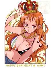 1girl bangle bare_shoulders bead_bracelet bead_necklace beads bikini bikini_top_only birthday bracelet breasts brown_eyes character_name cleavage closed_mouth collarbone commentary_request crown dated denim halterneck hand_on_headwear hand_up happy_birthday highres jewelry ko_tori0 large_breasts long_hair looking_at_viewer nami_(one_piece) navel necklace one_piece orange_hair shoulder_tattoo single_sidelock smile solo star_(symbol) stomach swimsuit tattoo upper_body wavy_hair