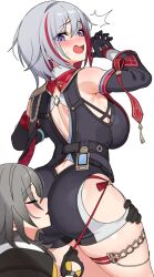2girls ass bare_shoulders belt black_gloves blue_eyes breasts closed_mouth colored_inner_hair face_in_ass female_pervert gloves grey_hair hair_between_eyes highres honkai:_star_rail honkai_(series) huge_ass large_breasts long_sleeves medium_hair multicolored_hair multiple_girls ndgd pervert red_hair short_hair smelling smelling_ass stelle_(honkai:_star_rail) streaked_hair thigh_strap thighs topaz_(honkai:_star_rail) trailblazer_(honkai:_star_rail) yuri