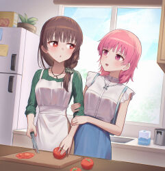 2girls absurdres apron arm_hug asumi-chan_wa_rezu_fuuzoku_ni_kyoumi_ga_arimasu! blue_skirt blue_sky blush braid bright_pupils brown_hair commentary cooking_pot cutting_board day dutch_angle english_commentary green_sweater highres holding holding_knife indoors kitchen knife kusumoto_asumi linhcoris long_hair looking_at_another medium_hair multiple_girls ookura_nanao open_mouth parted_lips pink_eyes pink_hair plant potted_plant red_eyes refrigerator ribbed_sweater shirt single_braid skirt sky smile suspender_skirt suspenders sweater tomato white_apron white_pupils white_shirt yuri