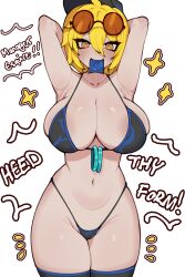 1girl armpit_crease armpits bikini black_hat black_thighhighs blonde_hair blue_bikini blue_trim bracelet breasts cinq_association_(identity)_(project_moon) commentary condom condom_in_mouth condom_wrapper don_quixote_(project_moon) english_commentary english_text fang fedora glasses hat highres jewelry large_breasts limbus_company mouth_hold presenting_armpit project_moon renata11033 short_hair simple_background skin_fang solo star_(symbol) swimsuit thighhighs white_background yellow_eyes