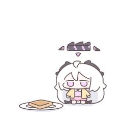 1girl ahoge black_halo blue_archive bluemaka bread chibi demon_girl demon_horns demon_wings food full_body halo highres hina_(blue_archive) hina_(pajamas)_(blue_archive) horns jacket long_hair pajamas pink_pajamas polka_dot polka_dot_pajamas simple_background solo standing white_background white_hair wings yellow_jacket