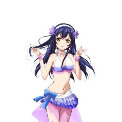 1girl anime_coloring bare_shoulders bead_necklace beads bikini bikini_skirt blue_bikini blue_hair blue_ribbon blush bracelet breasts cleavage collarbone cowboy_shot flower flower_tattoo frilled_bikini frills gradient_bikini hair_flower hair_ornament hairband hands_up jewelry leg_tattoo long_hair looking_at_viewer love_live! love_live!_school_idol_festival love_live!_school_idol_project medium_breasts midriff natsuiro_egao_de_1_2_jump! navel necklace official_art parted_lips purple_flower ribbon see-through_clothes see-through_skirt skirt smile solo sonoda_umi swimsuit tattoo transparent_background w white_hairband yellow_eyes