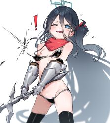 ! 1girl alternate_costume aris_(blue_archive) armor bare_shoulders bikini_armor black_hair blue_archive blue_eyes bongnom breasts commentary_request cowboy_shot flat_chest gauntlets hair_between_eyes halo highres holding holding_sword holding_weapon long_hair long_hair_between_eyes navel nipples one_breast_out one_eye_closed one_side_up open_mouth rectangular_halo simple_background small_breasts solo sword very_long_hair wardrobe_malfunction weapon white_background