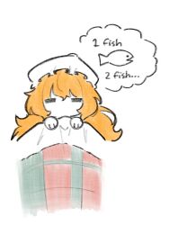 1girl chibi christmas_nightmare_(e.g.o) closed_eyes counting_sheep dreaming e.g.o_(project_moon) fish hat ishmael_(project_moon) limbus_company long_hair orange_hair project_moon sidelocks simple_background solo speech_bubble thought_bubble very_long_hair white_background white_hat yongsa_(ishmaelenjoyer)