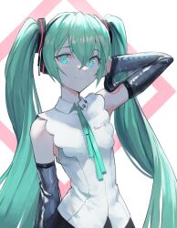 1girl aqua_eyes aqua_hair aqua_ribbon arm_at_side arm_behind_back arm_up bare_shoulders black_skirt black_sleeves blue_eyes blue_hair blue_ribbon breasts closed_mouth collared_shirt contrapposto detached_sleeves dot_nose double-parted_bangs green_eyes green_hair green_ribbon hair_between_eyes hair_ornament hand_in_own_hair hand_on_own_head hatsune_miku hatsune_miku_(nt) headphones highres light_blush long_eyelashes long_hair long_sleeves looking_at_viewer musical_note musical_note_print musical_staff neck_ribbon number_tattoo piapro_studio print_shirt ribbon see-through_clothes see-through_sleeves shirt shoulder_tattoo sidelocks skirt sleeveless sleeveless_shirt small_breasts smile solo sparkling_eyes tattoo thick_eyelashes twintails upper_body vertigris very_long_hair vocaloid white_background white_shirt wide_sleeves