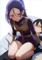 1boy 1girl absurdres bare_legs bed belt black_hair breasts censored cum cum_on_body cum_on_legs dress ejaculation girl_on_top hair_ornament hairclip hetero highres kirito long_hair mito_(sao) nuguri444 penis ponytail purple_dress purple_hair red_eyes short_hair small_breasts socks steam sweat sword_art_online thigh_sex thighs