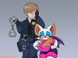 animal_ears bat_ears bat_girl bat_wings blue_eyeshadow breasts closed_eyes cuffs eyeshadow furry furry_female fuzzy_handcuffs hand_on_own_hip handcuffs highres large_breasts makeup omegasunburst open_mouth rouge_the_bat sonic_(series) sonic_x teeth topaz_(sonic_x) white_fur wings