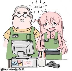 Rule 34 | 1boy, 1girl, apron, bocchi the rock!, cashier, crossover, english text, facial hair, glasses, glock, gotoh hitori, green apron, grey hair, gun, handgun, long hair, looking at viewer, mustache, one side up, pink hair, sakamoto days, sakamoto taro, simple background, weapon, white background, yunayuispink