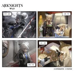 1boy 3girls :d absurdres alberto_saluzzo_(arknights) alcohol animal_ears arknights blonde_hair blood blood_on_face bloody_weapon blue_eyes blue_hairband blue_necktie bokyo broken_glass closed_eyes coat commentary copyright_name copyright_notice cup drinking_glass english_commentary fang father_and_daughter flower food fox_ears fox_girl fox_tail full_moon glass green_eyes grey_hair grin hairband highres holding holding_sword holding_weapon hugging_tail kitsune kyuubi lamp lappland_(arknights) lily_of_the_valley material_growth mirror moon mother_and_daughter multiple_girls multiple_tails necktie night night_sky official_art open_mouth oripathy_lesion_(arknights) red_wine second-party_source sky sleeping smile steam suzuran_(arknights) sword tail timestamp vase vulpisfoglia_(arknights) weapon wine wine_glass wolf_boy wolf_girl