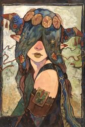 Rule 34 | 1girl, abstract background, blush, elf, hair between eyes, hair ornament, highres, koto nihonga60, lipstick, long hair, long hair between eyes, looking at viewer, makeup, nose blush, original, pointy ears, solo