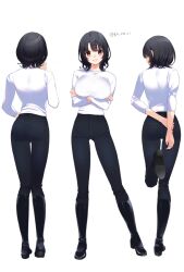 1girl :d alternate_costume arms_behind_back artist_name ass black_footwear black_hair black_pants boots breasts commission crossed_arms full_body gluteal_fold kantai_collection knee_boots koruri large_breasts long_sleeves looking_at_viewer multiple_views open_mouth pants parted_lips red_eyes short_hair simple_background skeb_commission smile standing standing_on_one_leg sweater takao_(kancolle) thigh_gap tight_clothes tight_pants twitter_username white_background white_sweater