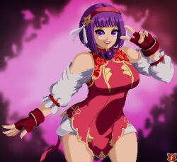 asamiya_athena dress fingerless_gloves gloves hair_ornament idol psycho_soldier purple_eyes purple_hair red_dress smile snk star_(symbol) star_hair_ornament the_king_of_fighters the_king_of_fighters_xv