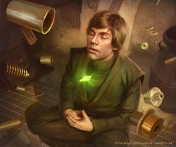 1boy anthonyfoti black_tunic blonde_hair closed_eyes english_text gem glowing_gem green_gemstone luke_skywalker meditation short_hair sitting solo star_wars star_wars:_return_of_the_jedi telekinesis tunic