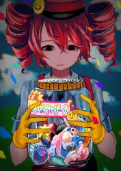 2girls :d apron black_eyes black_necktie blue_dress blue_hair candy candy_jar closed_mouth cloud collared_dress collared_shirt confetti cookie crazy_smile despair dress drill_hair floating_hair food furry gloves hair_between_eyes hands_up hat hatsune_miku hibana_art highres holding holding_jar in_container in_jar jar kasane_teto kepi kneehighs lollipop looking_at_another looking_down mesmerizer_(vocaloid) military_hat mini_person multiple_girls necktie open_mouth panties pants pinstripe_dress pinstripe_pattern red_eyes red_hair red_hat red_panties red_pants sailor_collar sharp_teeth shirt short_sleeves sitting skates sky sleeves_rolled_up smile smiley_hat_ornament socks solid_circle_eyes spiral striped_clothes striped_shirt suspenders swirl_lollipop teeth tongue tongue_out twin_drills twintails underwear upper_body upper_teeth_only utau vocaloid waist_apron white_apron white_sailor_collar white_socks white_wrist_cuffs wing_collar wrist_cuffs yellow_gloves
