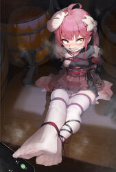 1girl absurdres aiza-ku arms_behind_back bdsm bondage boots bound cellphone cleave_gag cloth_gag feet flower foot_focus fox_mask gag gagged hair_flower hair_ornament highres improvised_gag incoming_call indoors japanese_clothes mask obi original phone red_hair sash shibari side_ponytail smartphone soles thighhighs unworn_boots white_thighhighs wide-eyed wooden_floor yellow_eyes