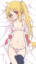 1girl arms_behind_back bed_sheet black_blindfold blindfold blush bocchi_the_rock! bra breasts highres ijichi_nijika looking_at_viewer lying medium_breasts mel_(melty_pot) navel on_back open_mouth panties pink_bra pink_panties red_eyes side_ponytail solo underwear