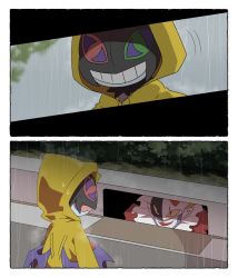 2boys artist_request blonde_hair clown demon digimon digimon_(creature) digimon_ghost_game dracumon gloves grate it_(stephen_king) looking_at_another mask multiple_boys parody piemon rain red_eyes red_lips road sewer_grate smile street what