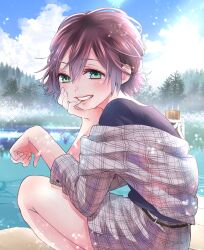 1girl black_shirt blush green_eyes grey_jacket grey_skirt highres jacket kakkou_no_iinazuke lake light_particles looking_at_viewer looking_to_the_side official_art parted_lips purple_hair segawa_hiro shirt short_hair skirt sky smile solo squatting tree yoshikawa_miki